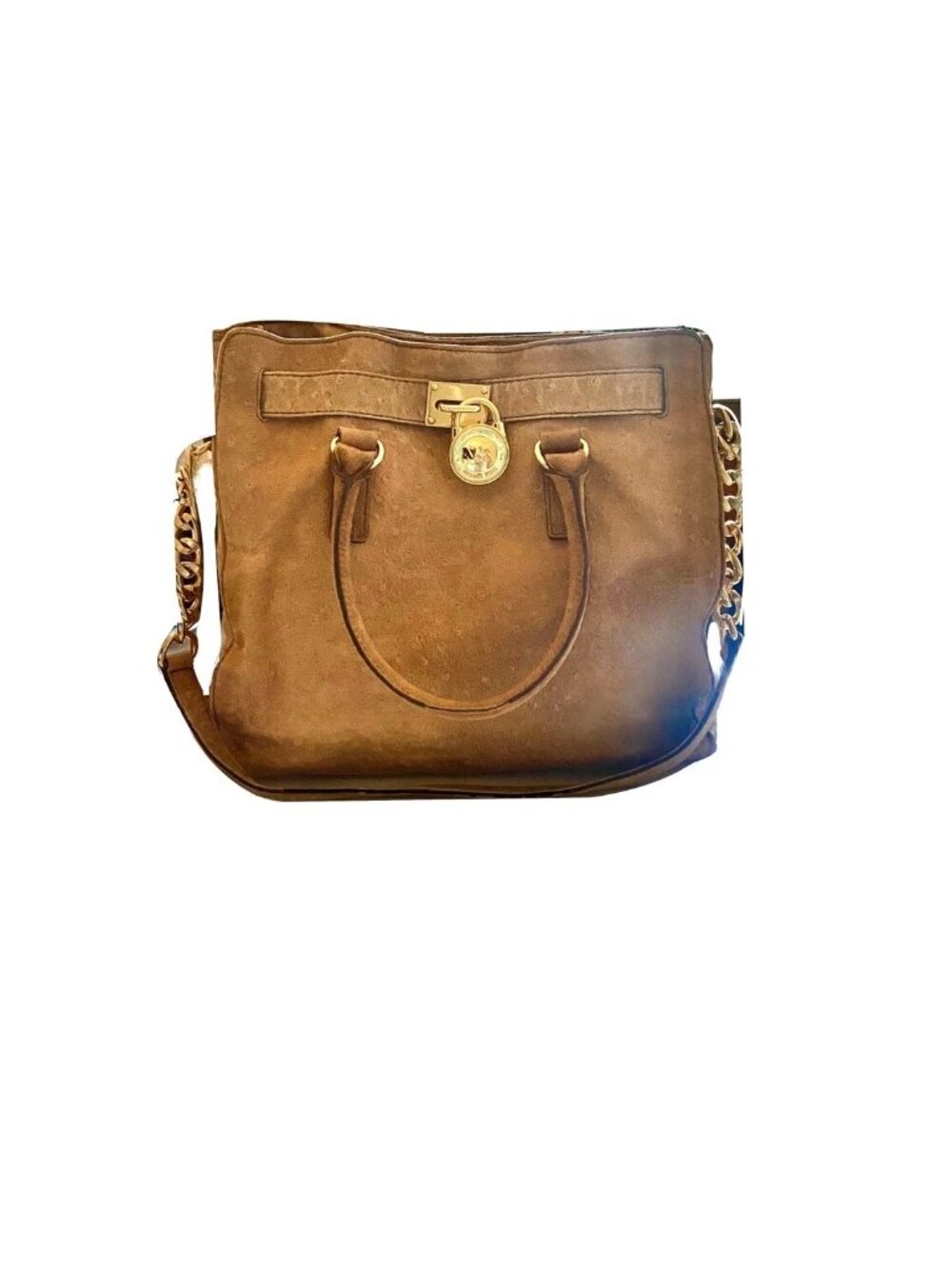 Michael Kors Hamilton Embossed Suede Tote Shoulder Bag in Cognac Ostrich Pattern